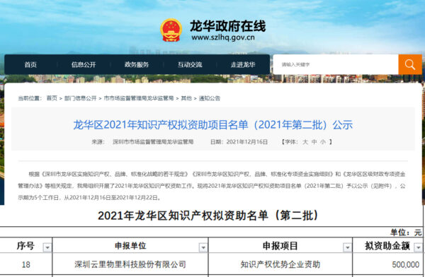 創新驅動，制度引領 | 云里物里被認定為“深圳市龍華區2021年知識產權優勢企業”